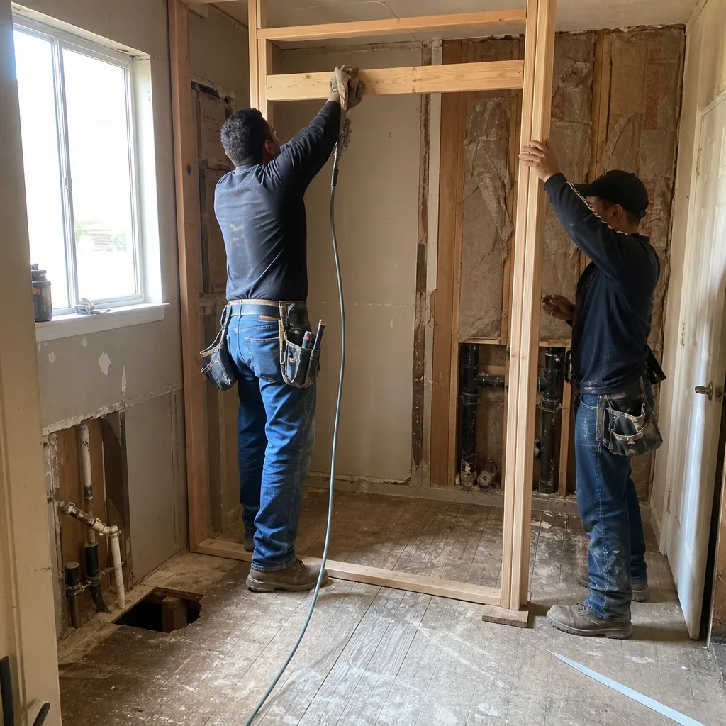 Two contractors installing wooden door frame during bathroom remodeling project