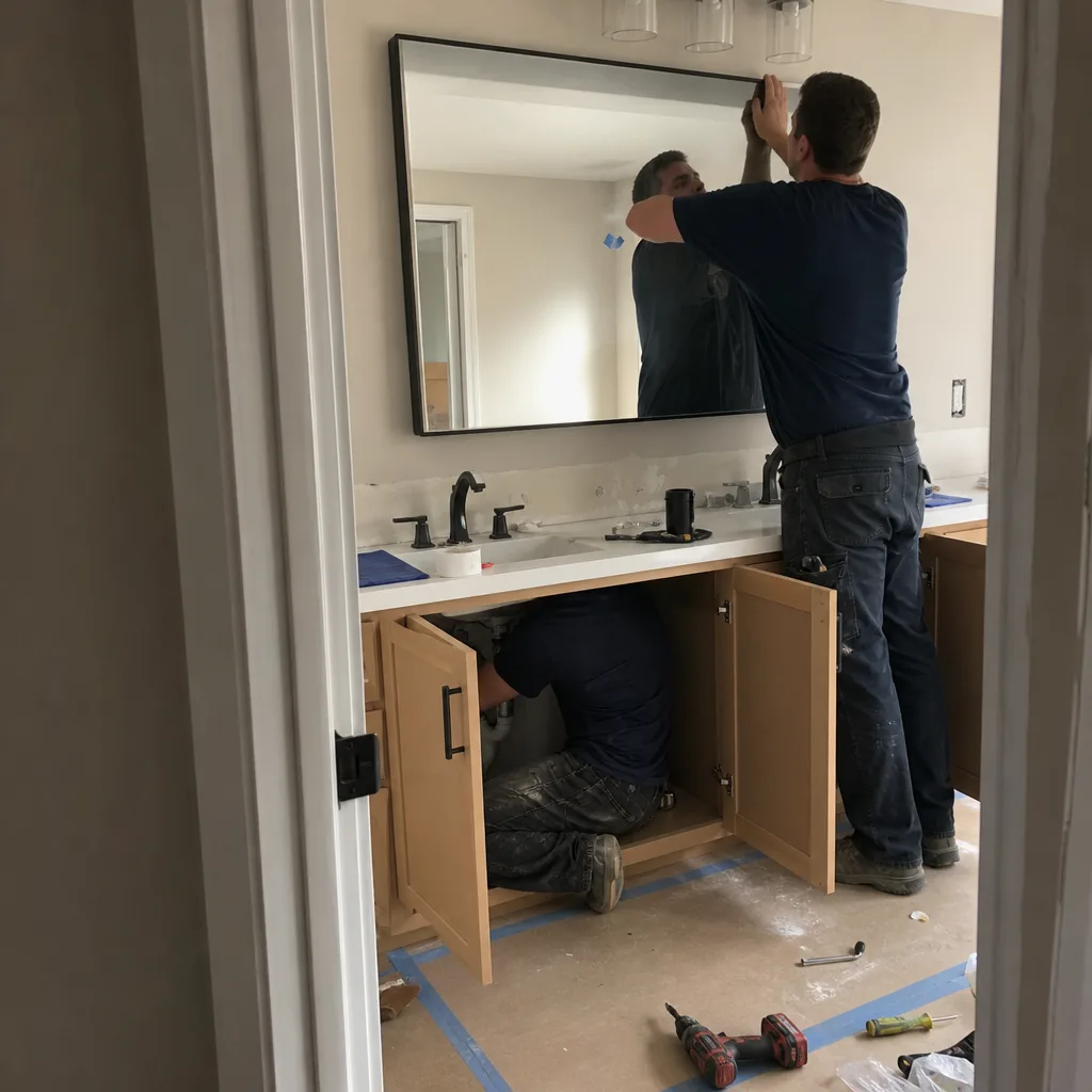 Contractors performing professional bathroom remodeling installation and plumbing work