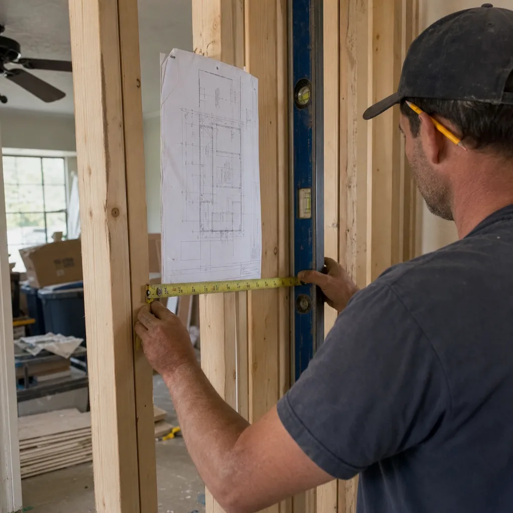 General contractor measuring wooden wall studs with tape measure and level