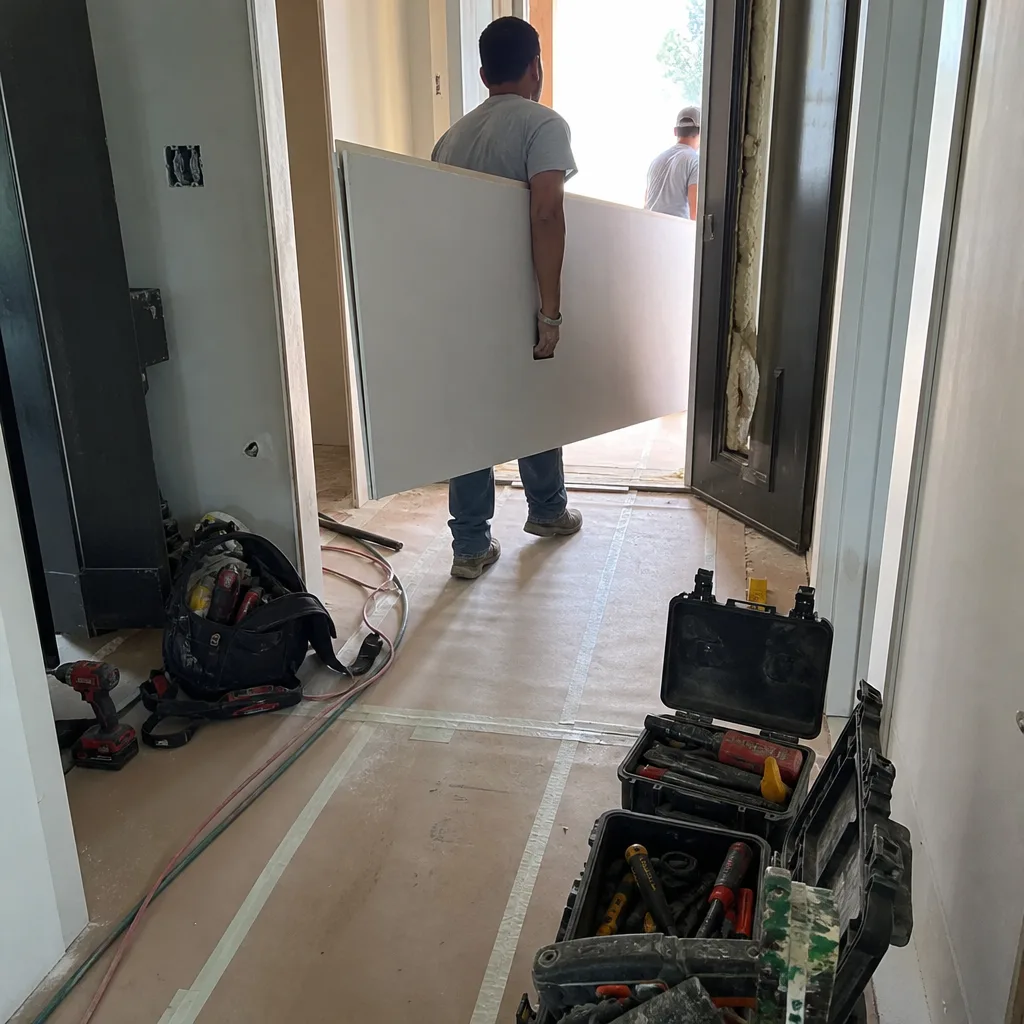 General contractor carrying a large drywall panel at a construction site