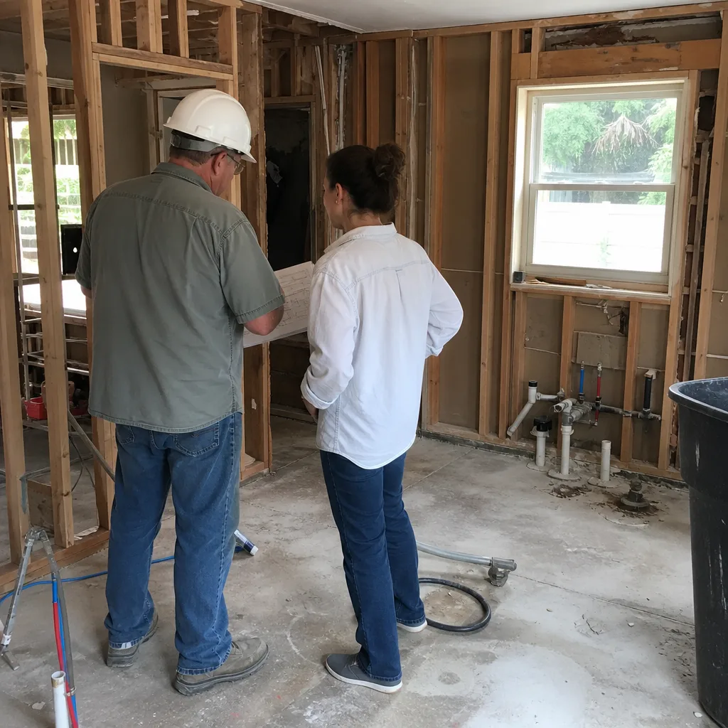 General contractor and client reviewing blueprints at a home renovation site